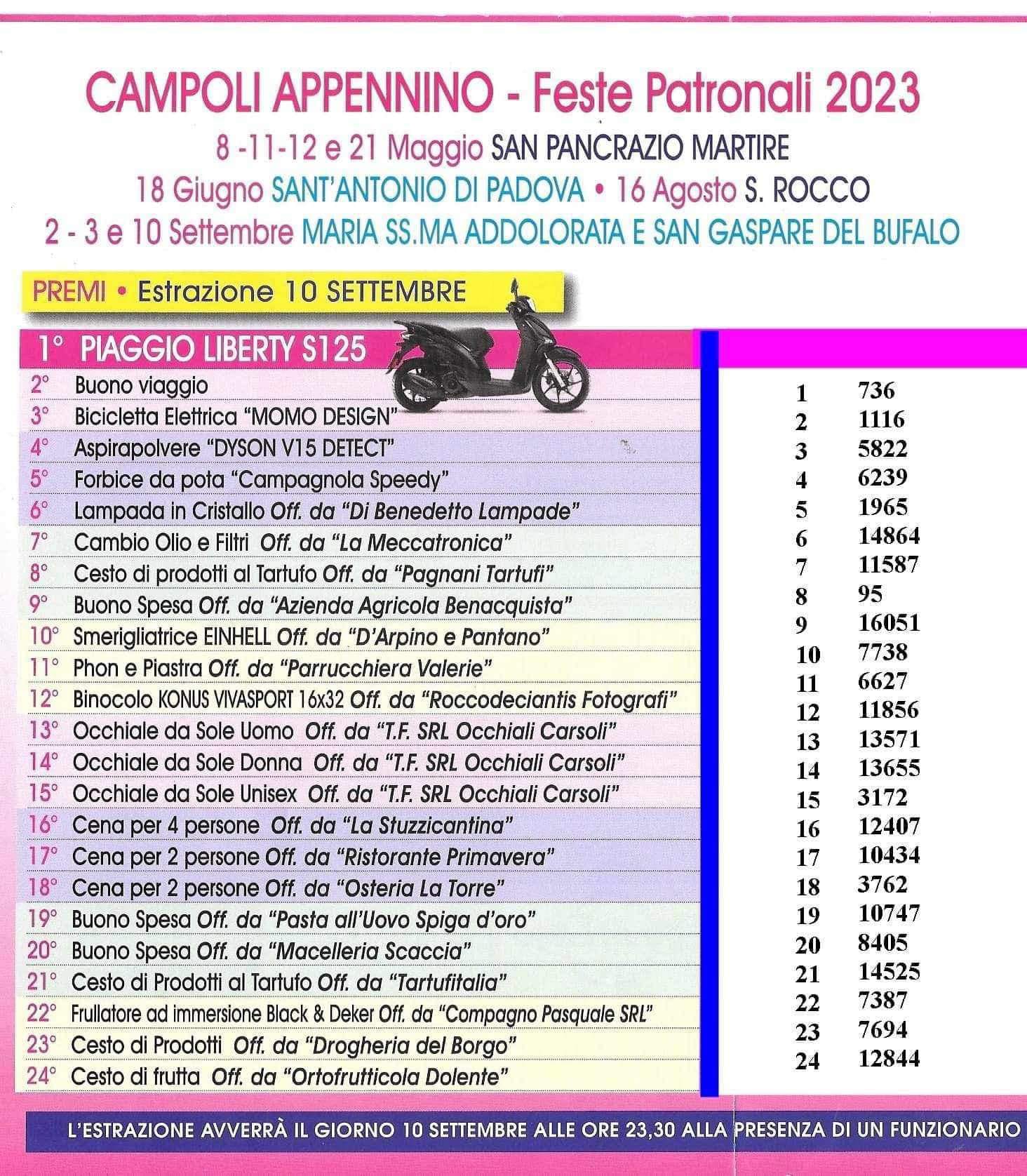 Estrazione 10 settembre 2023 - Feste Patronali 2023