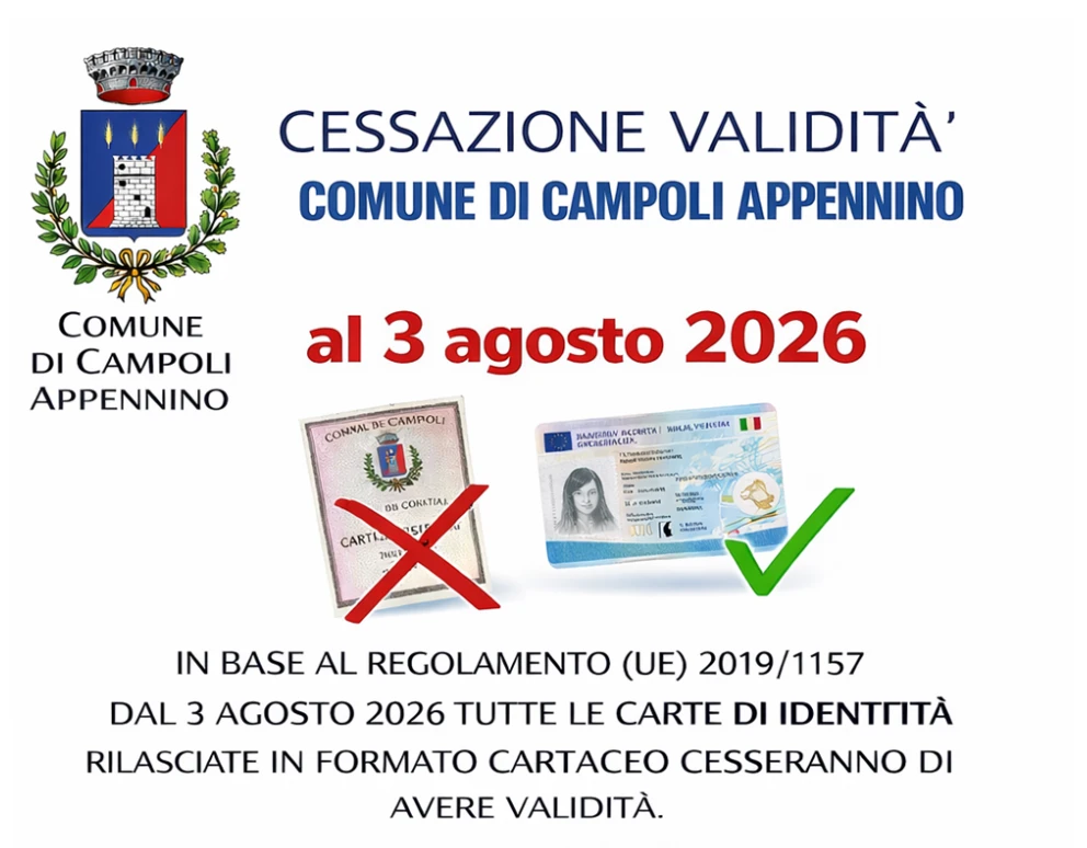 In base al Regolamento (UE) n. 1157/2019, tutte le Carte di identit� cartacee non saranno pi� valide a partire dal 3 agosto 2026, anche se riportano una scadenza successiva.