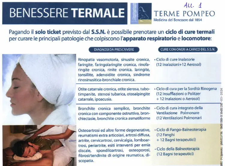 Pagando il solo ticket previsto del S.S.N. è possibile prenotare un ciclo di cure termali per curare le principali patologie che colpiscono l'apparato respiratorio e locomotore